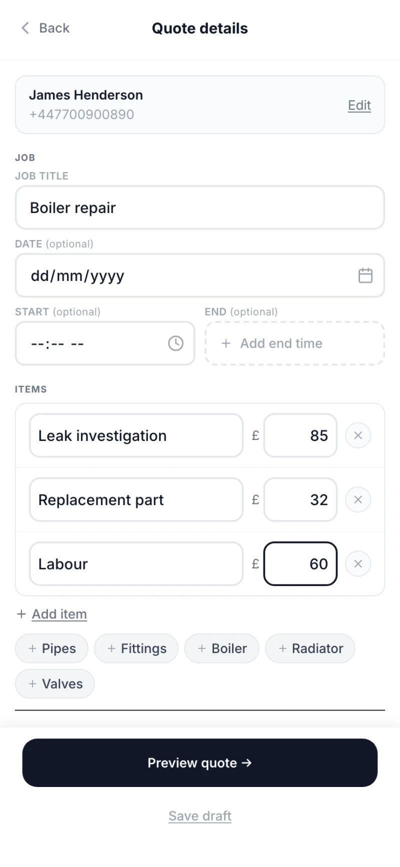 Buildlogg quote screen for a bathroom job